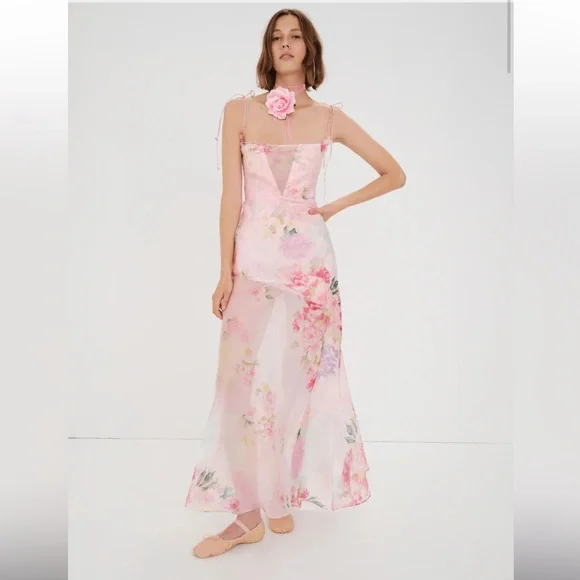 For Love & Lemons Lisa Floral Organza Maxi Dress in Pink at Nordstrom, Size X-Small For Love & Lemons Lisa Floral Organza Maxi Dress in Pink at Nordstrom, Size X-Small